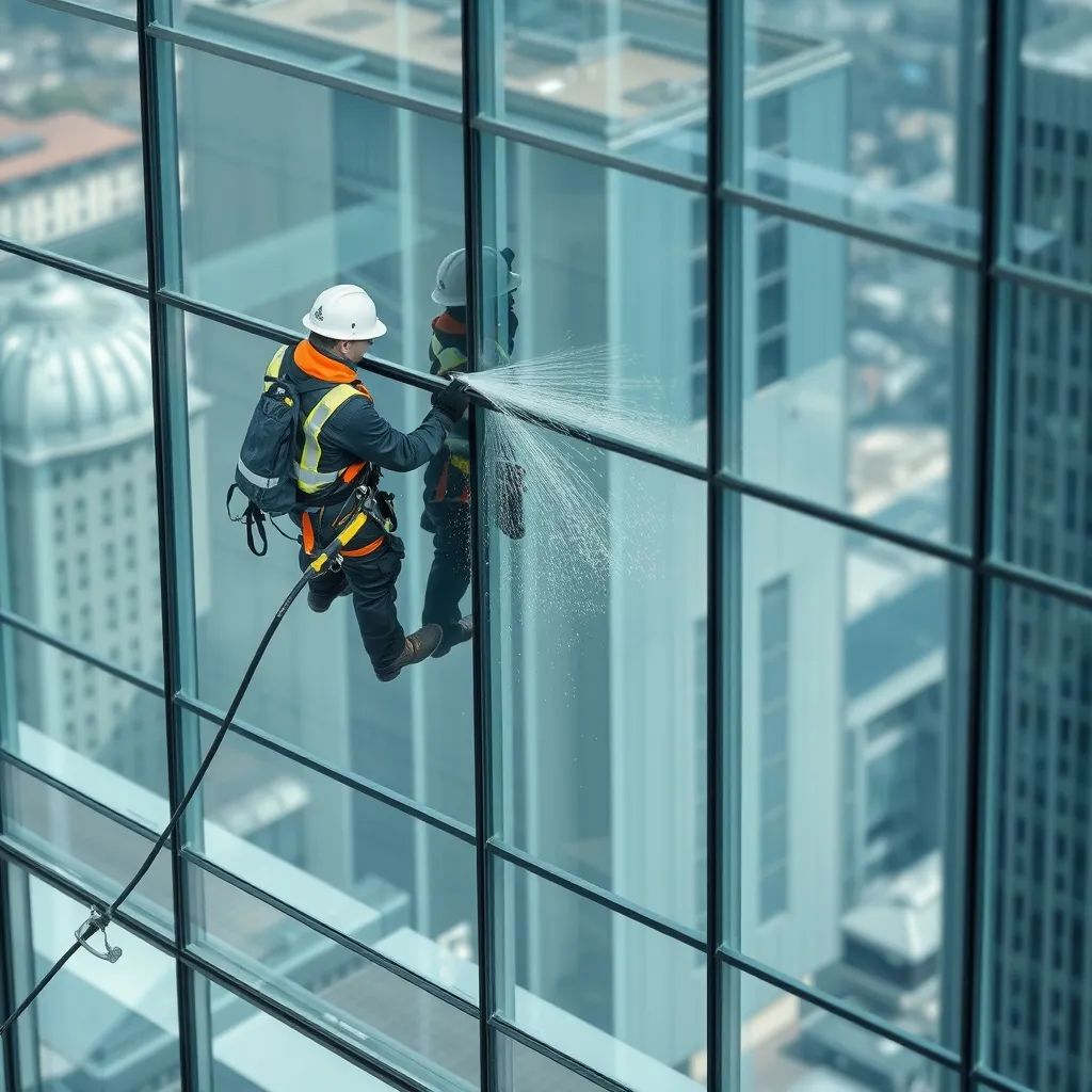 Professional window cleaner on a high-rise office building i