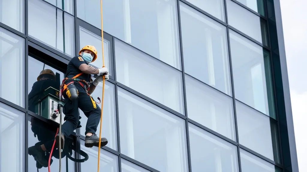 Professional window cleaner working on a high-rise glass bui